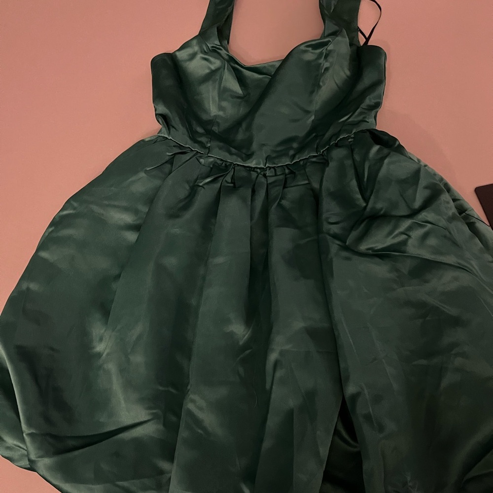 Lulu's Deep Green Satin Dress with Zipper Back